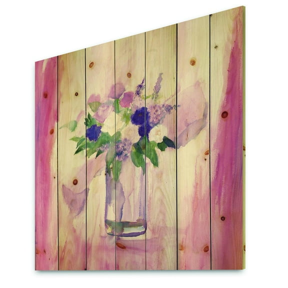 Designart 'Pink Flower Handpainted Still Life' Shabby Chic Print on Natural Pine Wood