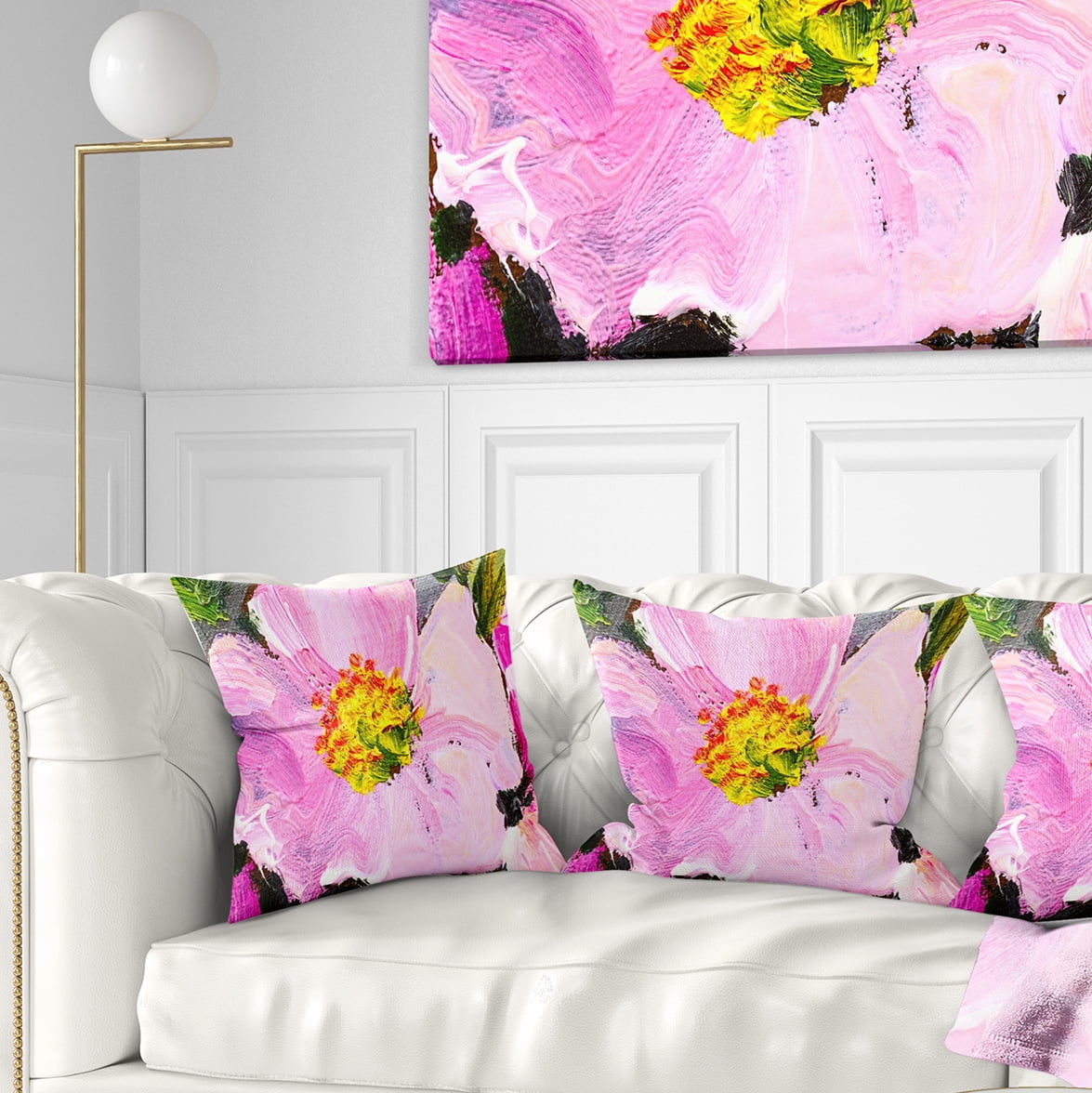 Designart Pink Flower Oil Painting - Floral Painting Throw Pillow - 18x18