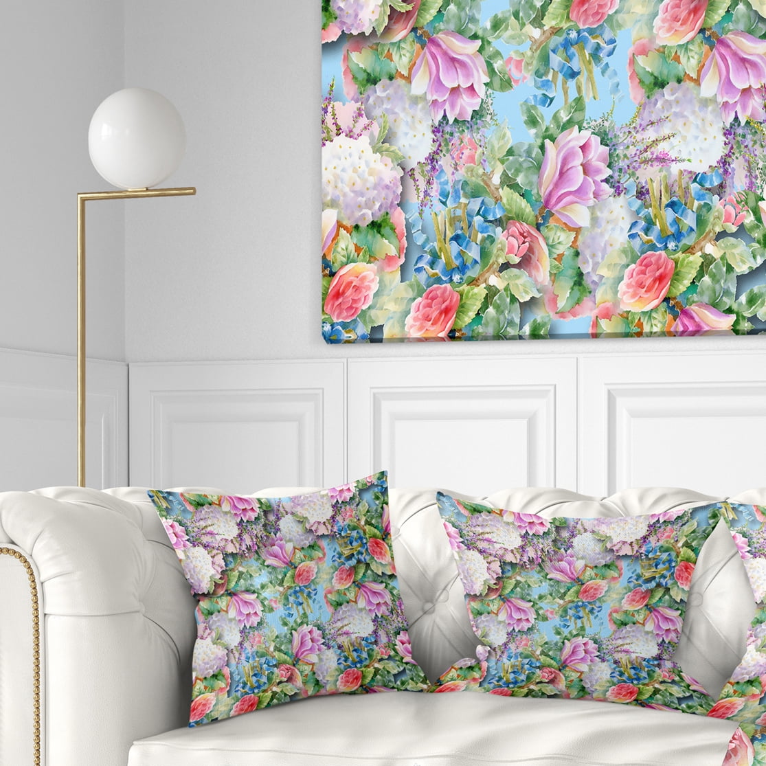 Designart Pink Flower Pattern on Blue - Floral Throw Pillow - 18x18