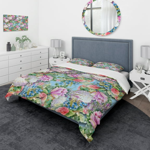 Designart 'Pink Flower Pattern on Blue' Vintage Duvet Cover Set