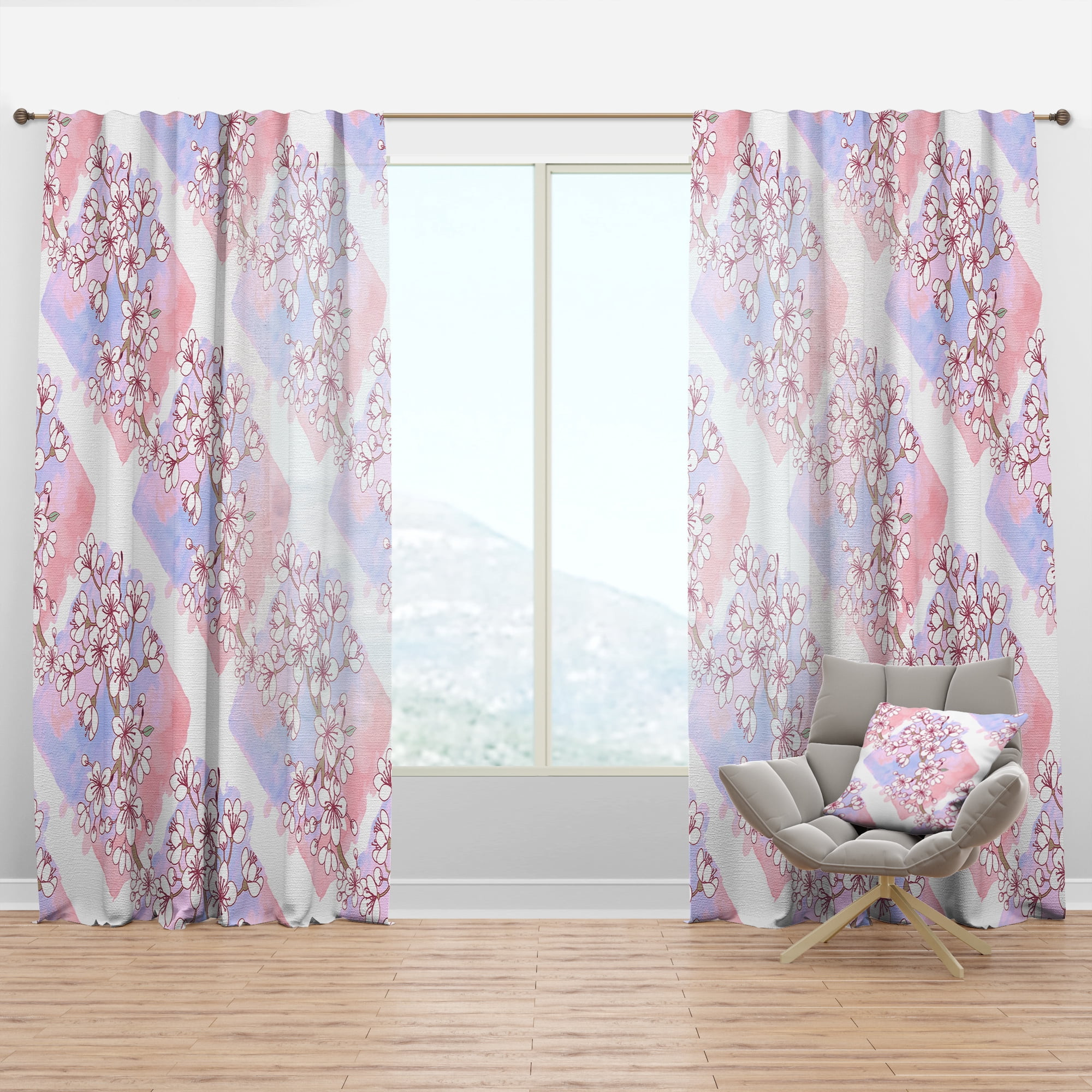Designart 'Pink Flower Retro Pattern I' Mid-Century Modern Curtain Panel