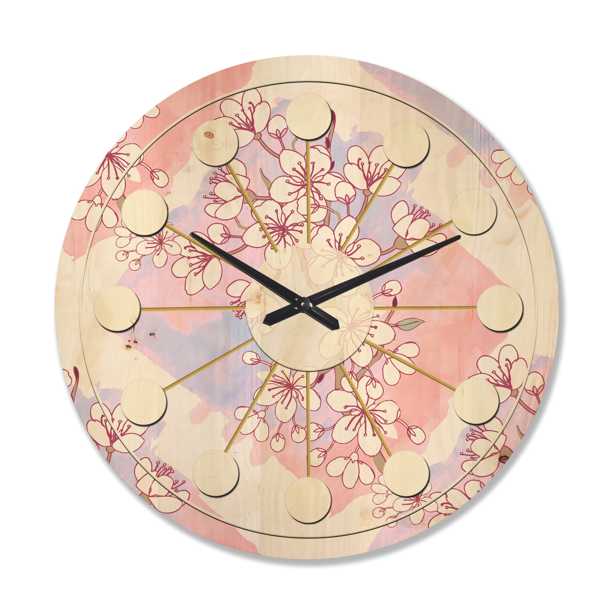 Designart 'Pink Flower Retro Pattern I' Mid-Century Modern Wood Wall Clock