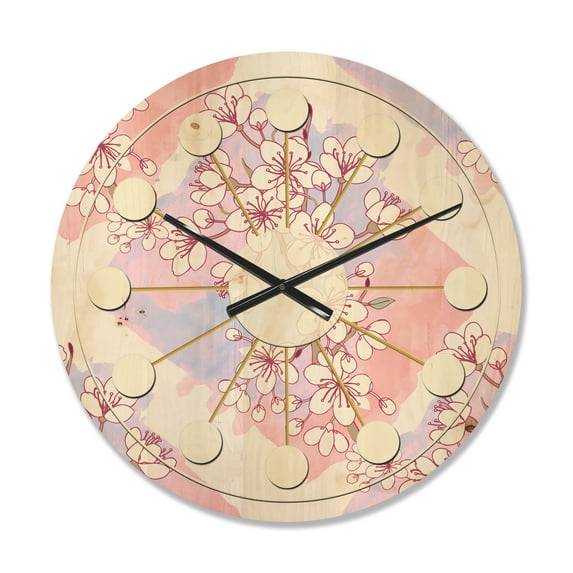 Designart 'Pink Flower Retro Pattern I' Mid-Century Modern Wood Wall Clock