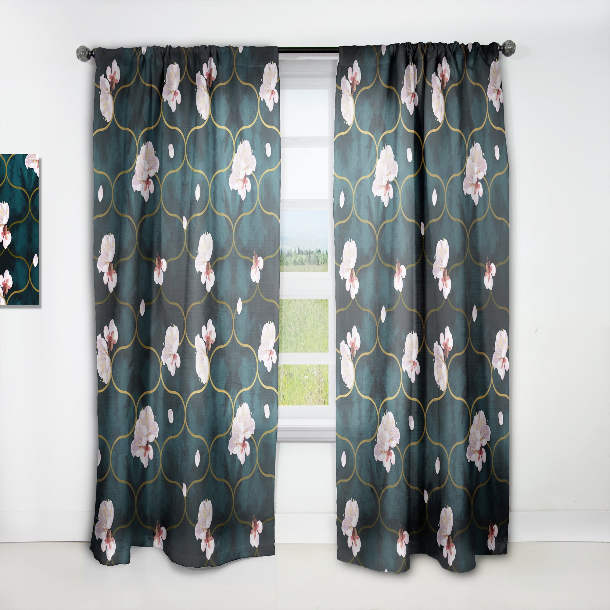 Designart 'Pink Flower Retro Pattern II' Mid-Century Modern Curtain Panel
