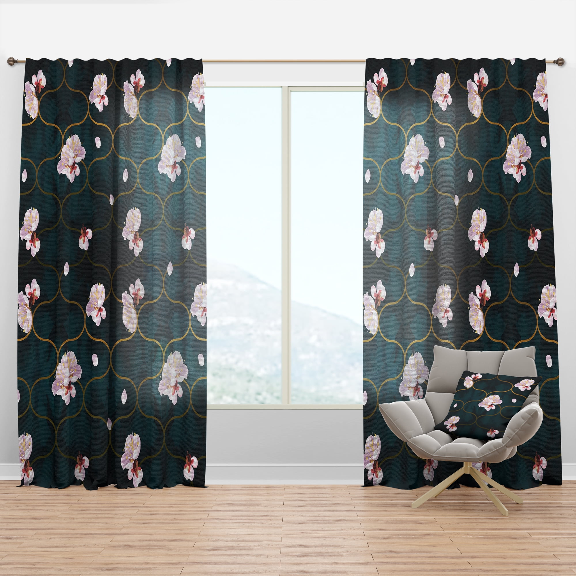 Designart 'Pink Flower Retro Pattern II' Mid-Century Modern Curtain Panel