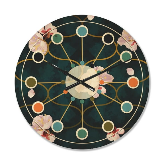 Designart 'Pink Flower Retro Pattern II' Mid-Century Modern Wood Wall Clock