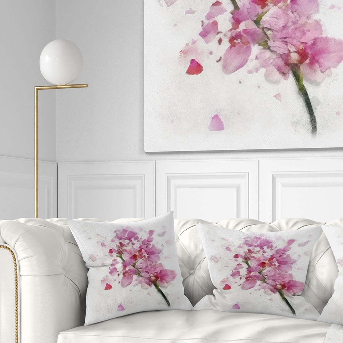 Designart Pink Flower with Falling Petals - Floral Throw Pillow - 18x18