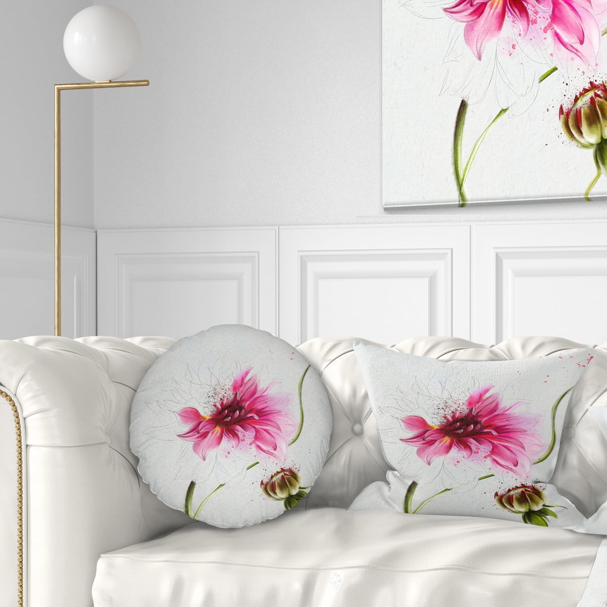 Designart Pink Flower with Stem and Bud - Floral Throw Pillow - 12x20