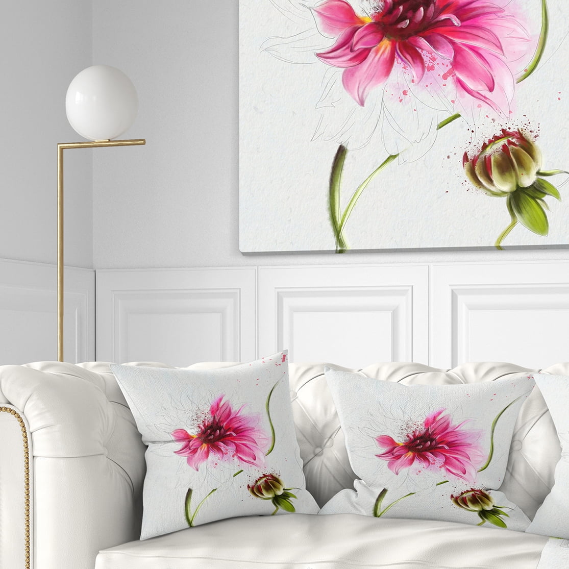 Designart Pink Flower with Stem and Bud - Floral Throw Pillow - 18x18