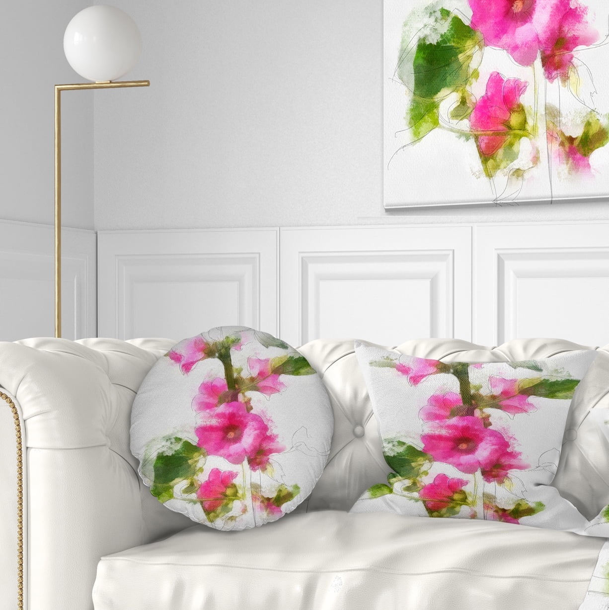 Designart Pink Flower with Stem and Leaves - Floral Throw Pillow - 12x20