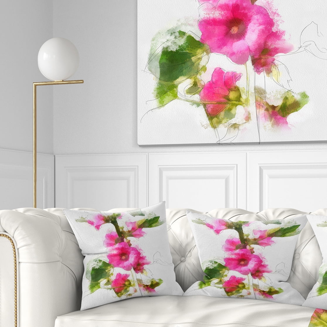 Designart Pink Flower with Stem and Leaves - Floral Throw Pillow - 16x16