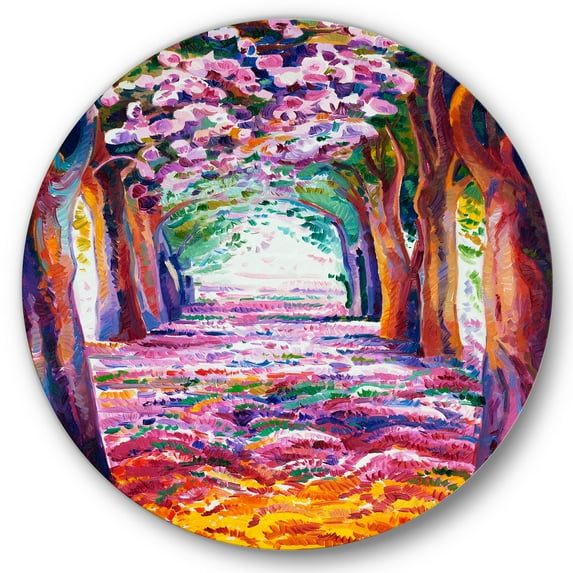 Designart 'Pink Flowering Colorful Spring Forest' Lake House Circle Metal Wall Art 29x29 - Disc of 29