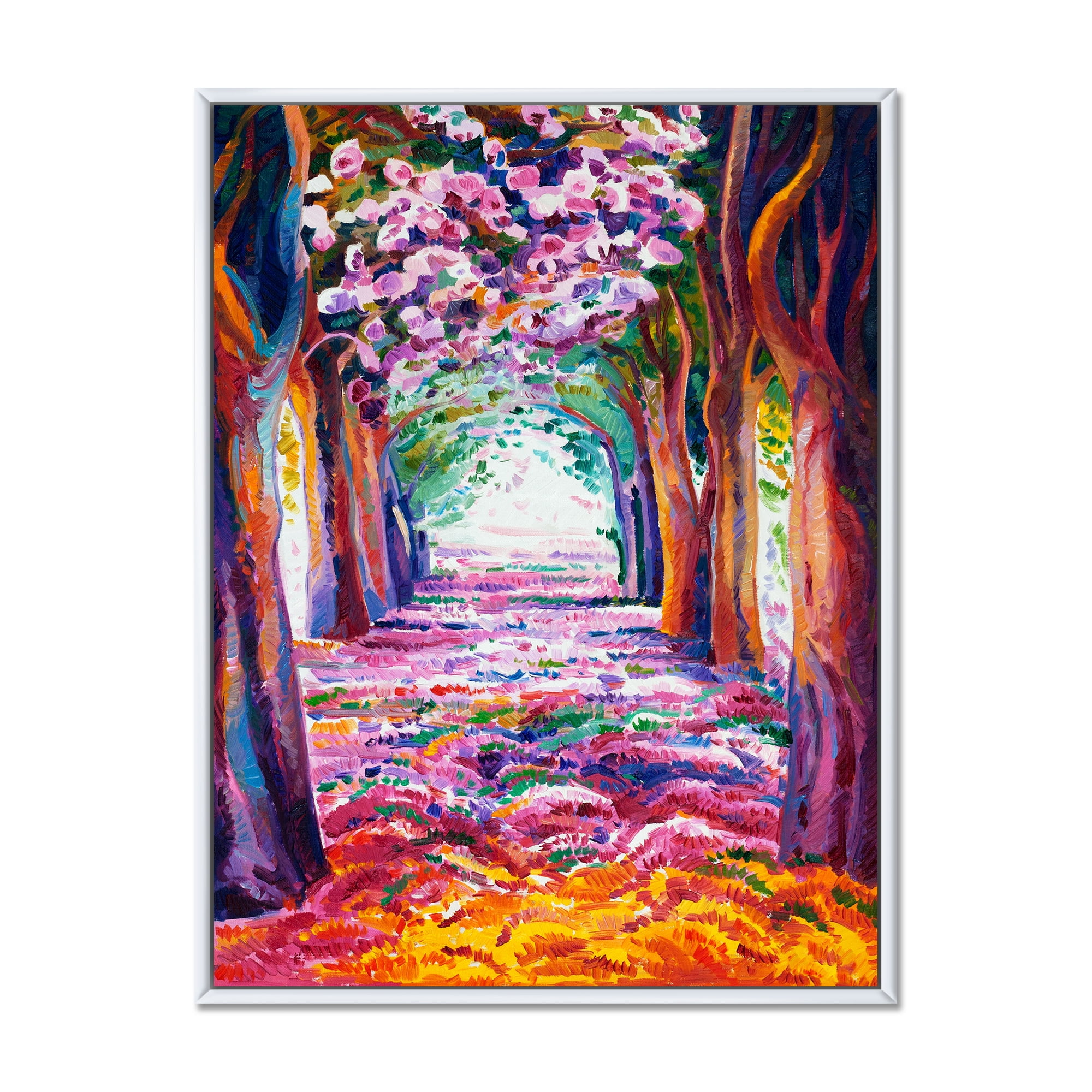 Designart 'Pink Flowering Colorful Spring Forest' Lake House Framed Canvas Wall Art Print