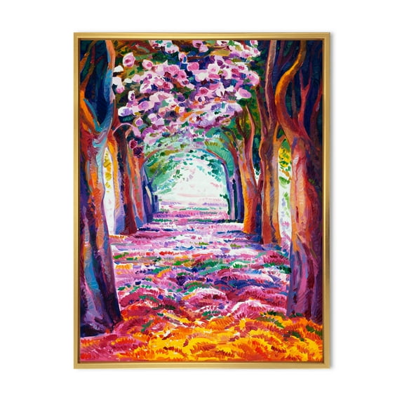 Designart 'Pink Flowering Colorful Spring Forest' Lake House Framed Canvas Wall Art Print
