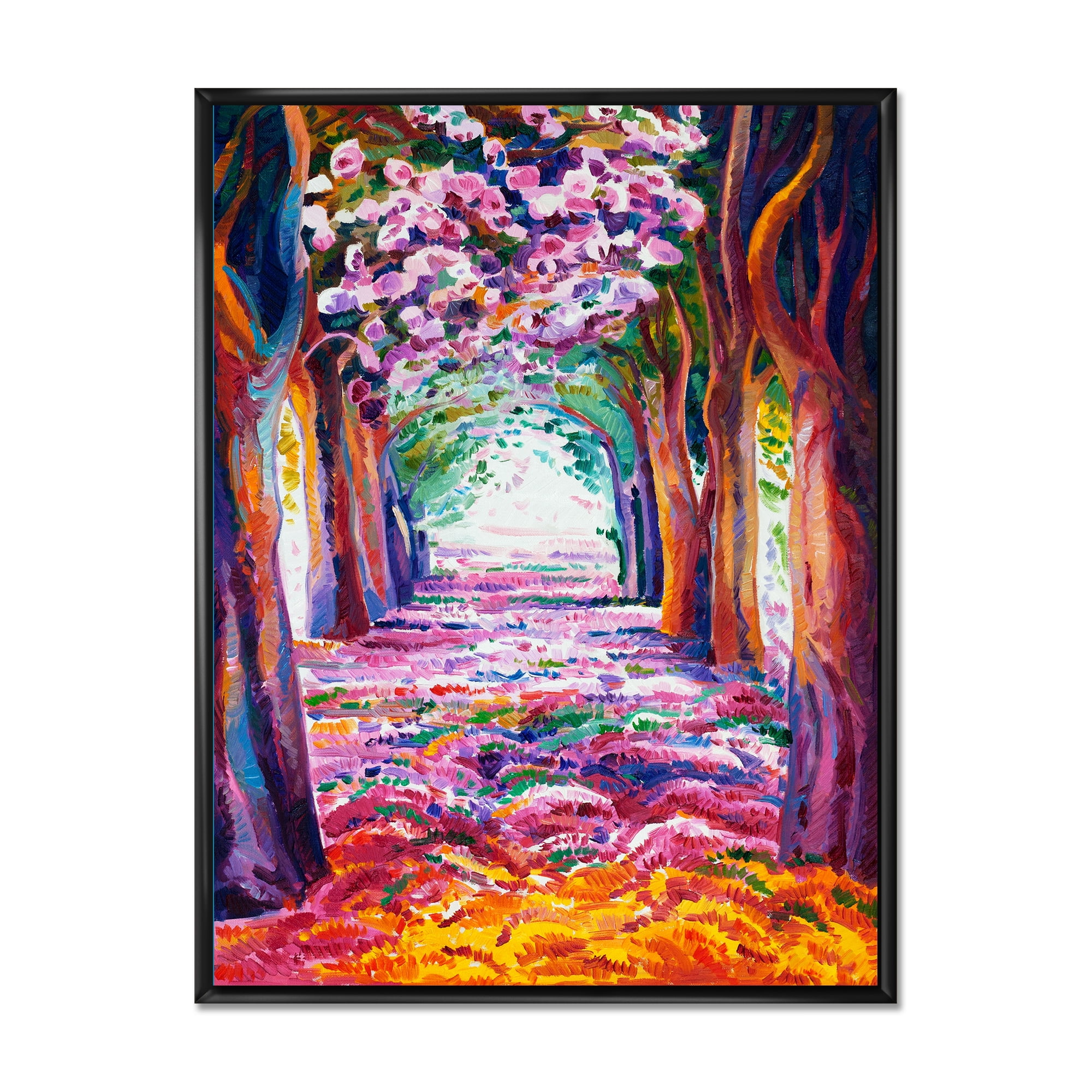 Designart 'Pink Flowering Colorful Spring Forest' Lake House Framed Canvas Wall Art Print