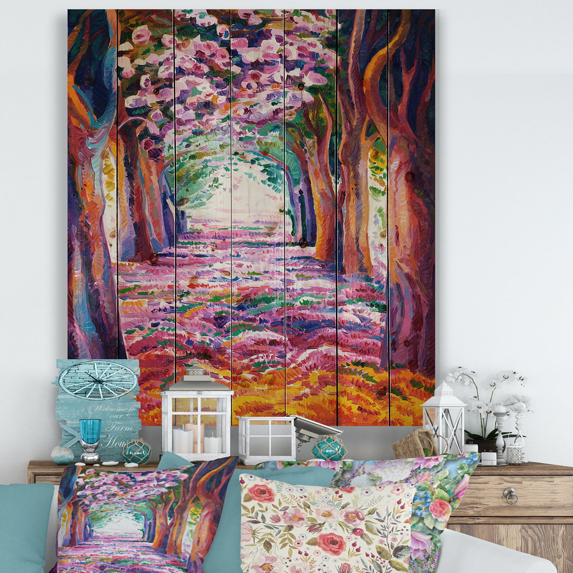 Designart 'Pink Flowering Colorful Spring Forest' Lake House Print on Natural Pine Wood