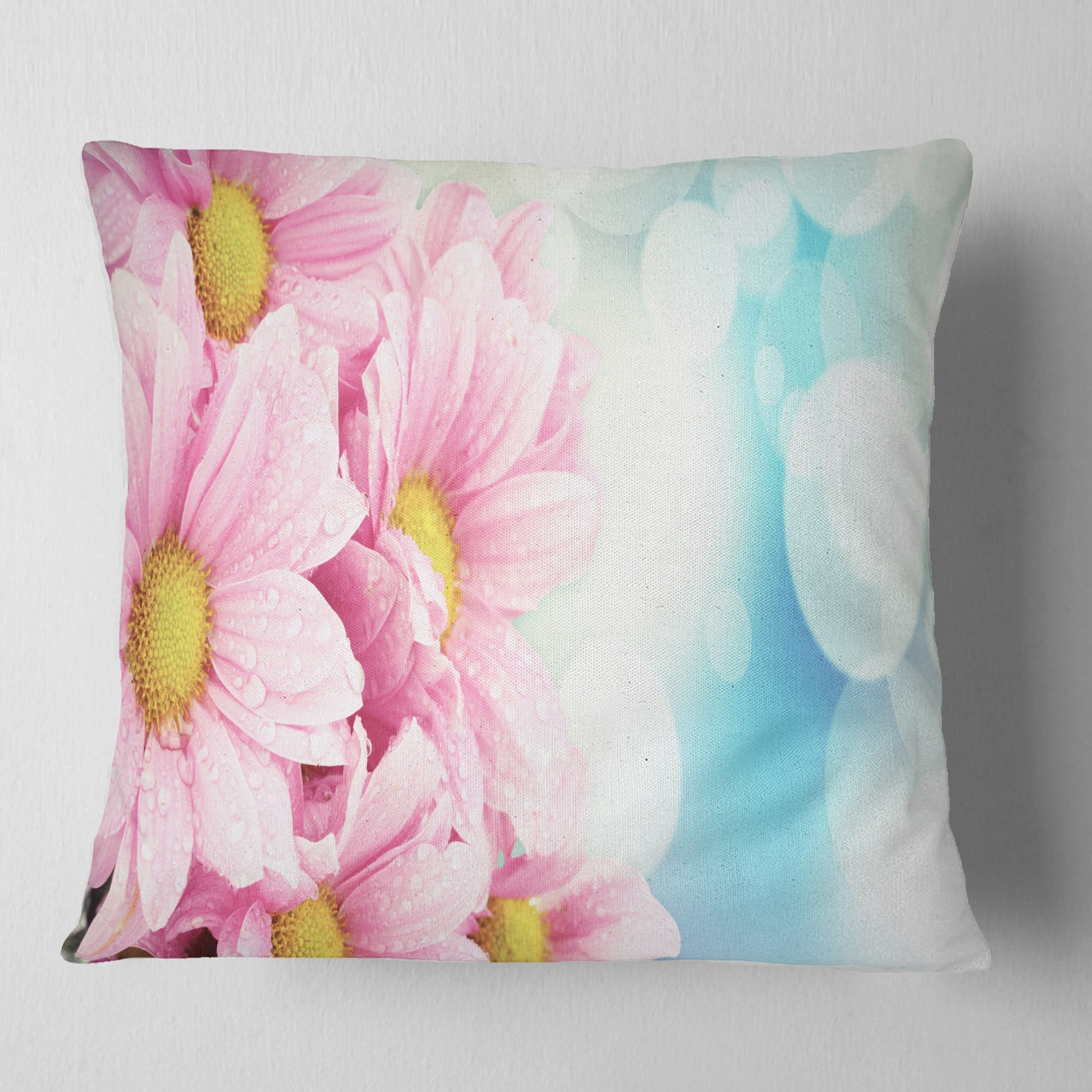 Designart Pink Flowers Bouquet on Blue - Floral Throw Pillow - 18x18