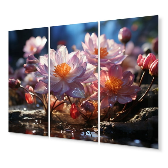 Designart "Pink Flowers In captivate Garden" Floral Metal Wall Art Set