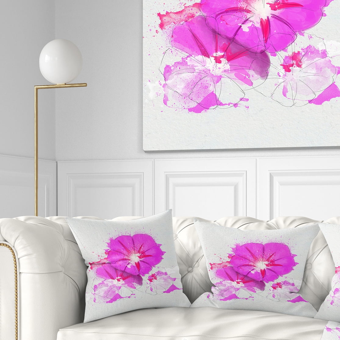 Designart Pink Flowers Sketch with Color Splashes - Floral Throw Pillow - 16x16