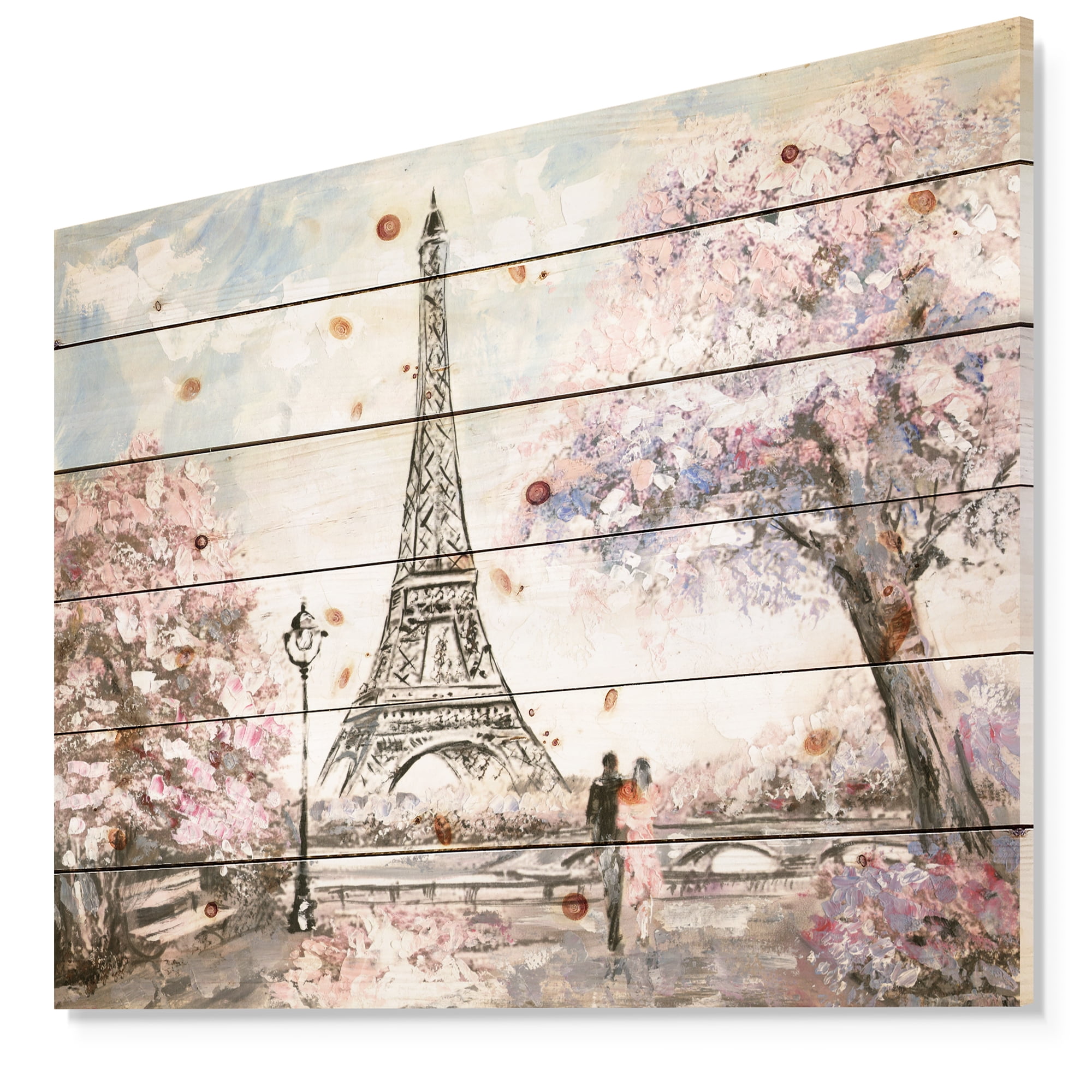 Designart 'Pink Flowers With Eiffel Tower' Landscape Print on Natural Pine Wood