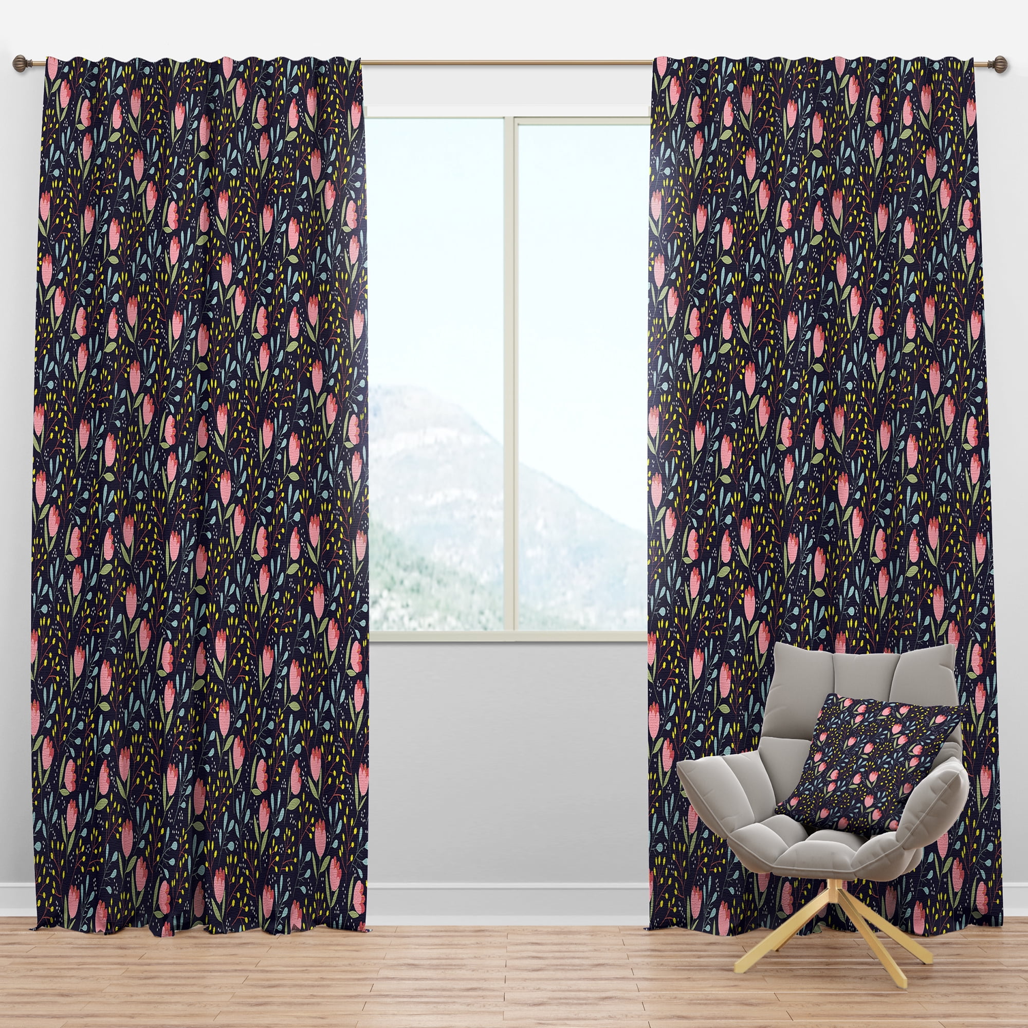 Designart 'Pink Flowers With Leaves' Mid-Century Modern Blackout Curtain Panel