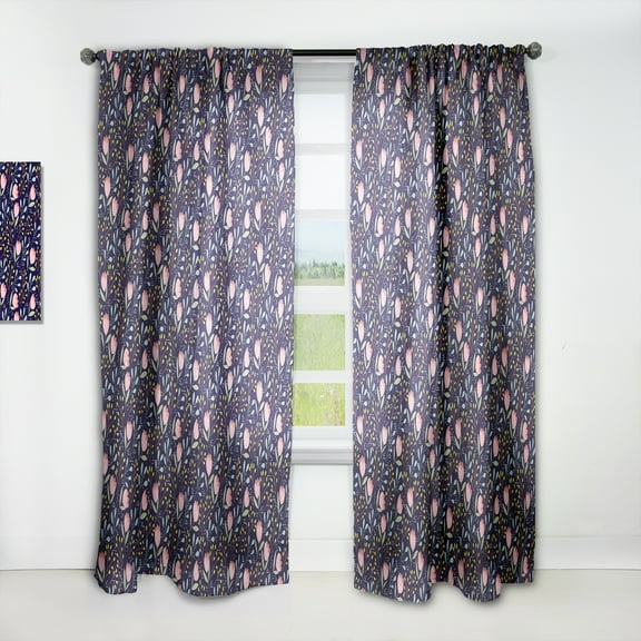 Designart 'Pink Flowers With Leaves' Mid-Century Modern Curtain Panel