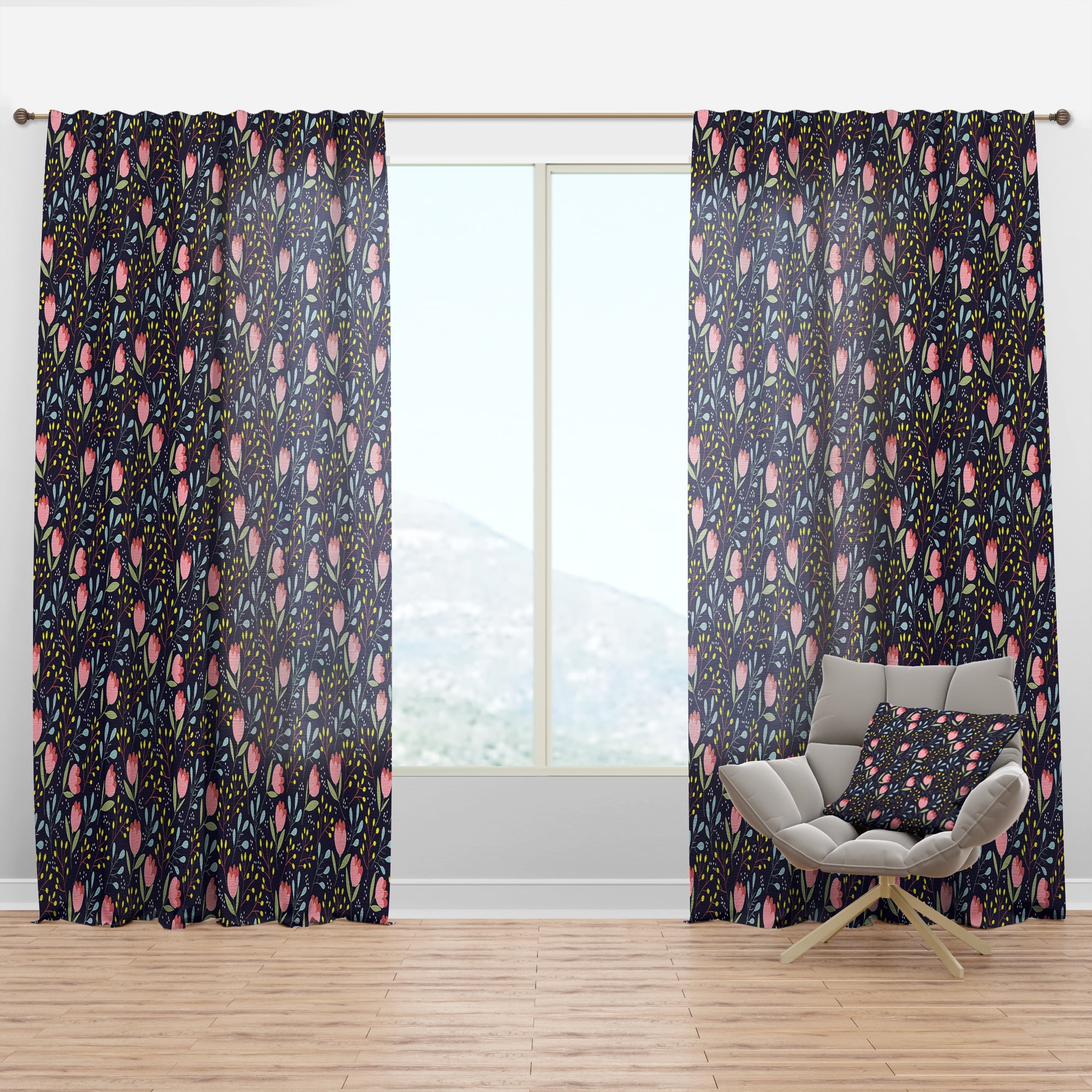 Designart 'Pink Flowers With Leaves' Mid-Century Modern Curtain Panel