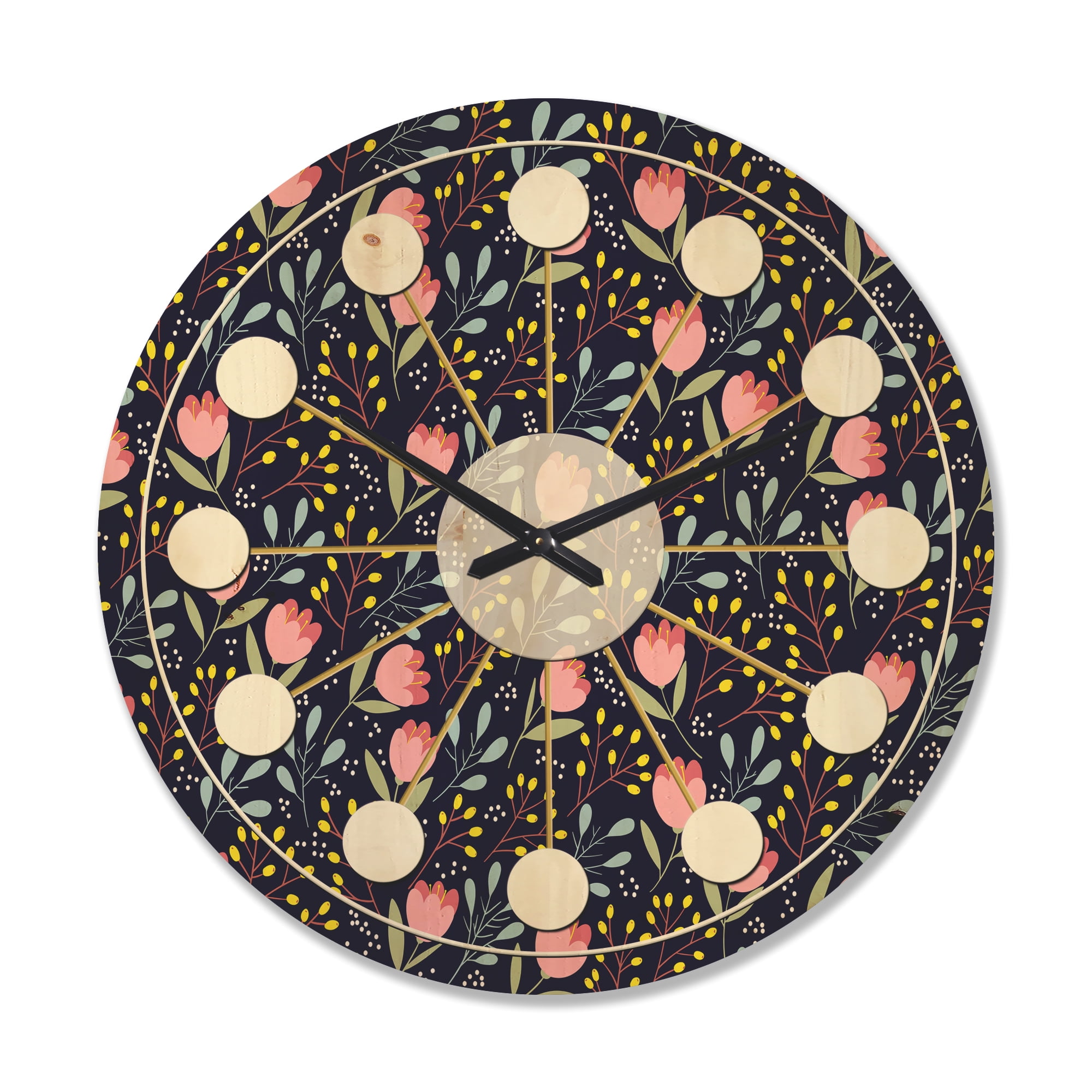 Designart 'Pink Flowers With Leaves' Mid-Century Modern Wood Wall Clock