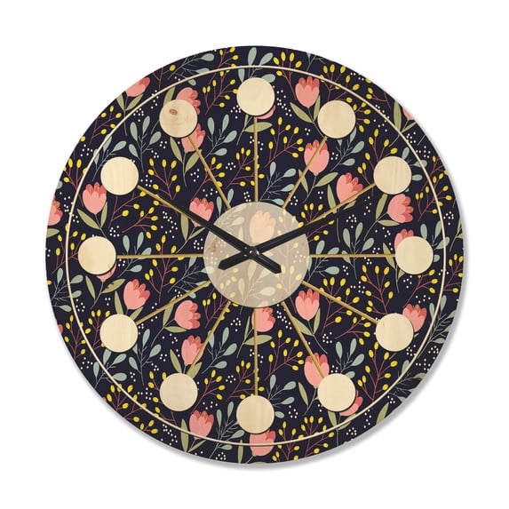 Designart 'Pink Flowers With Leaves' Mid-Century Modern Wood Wall Clock