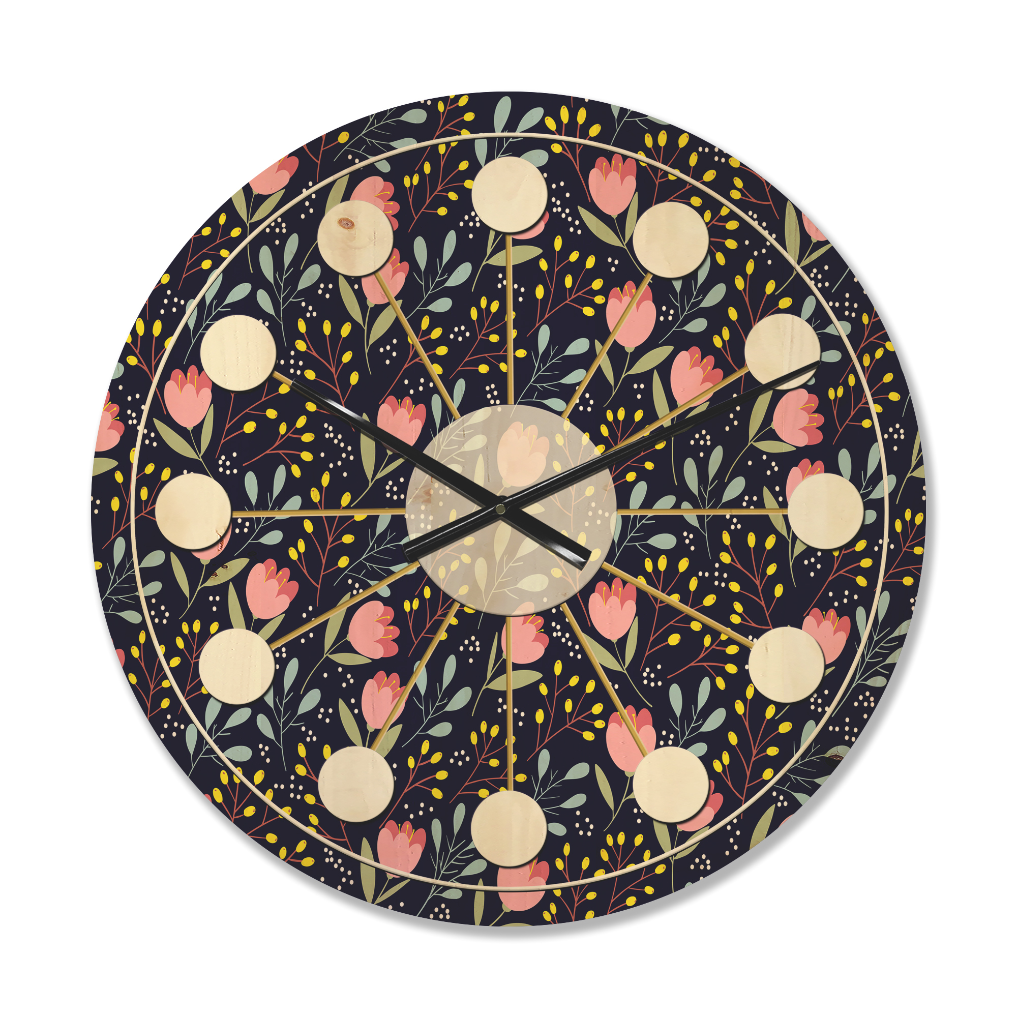 Designart 'Pink Flowers With Leaves' Mid-Century Modern Wood Wall Clock