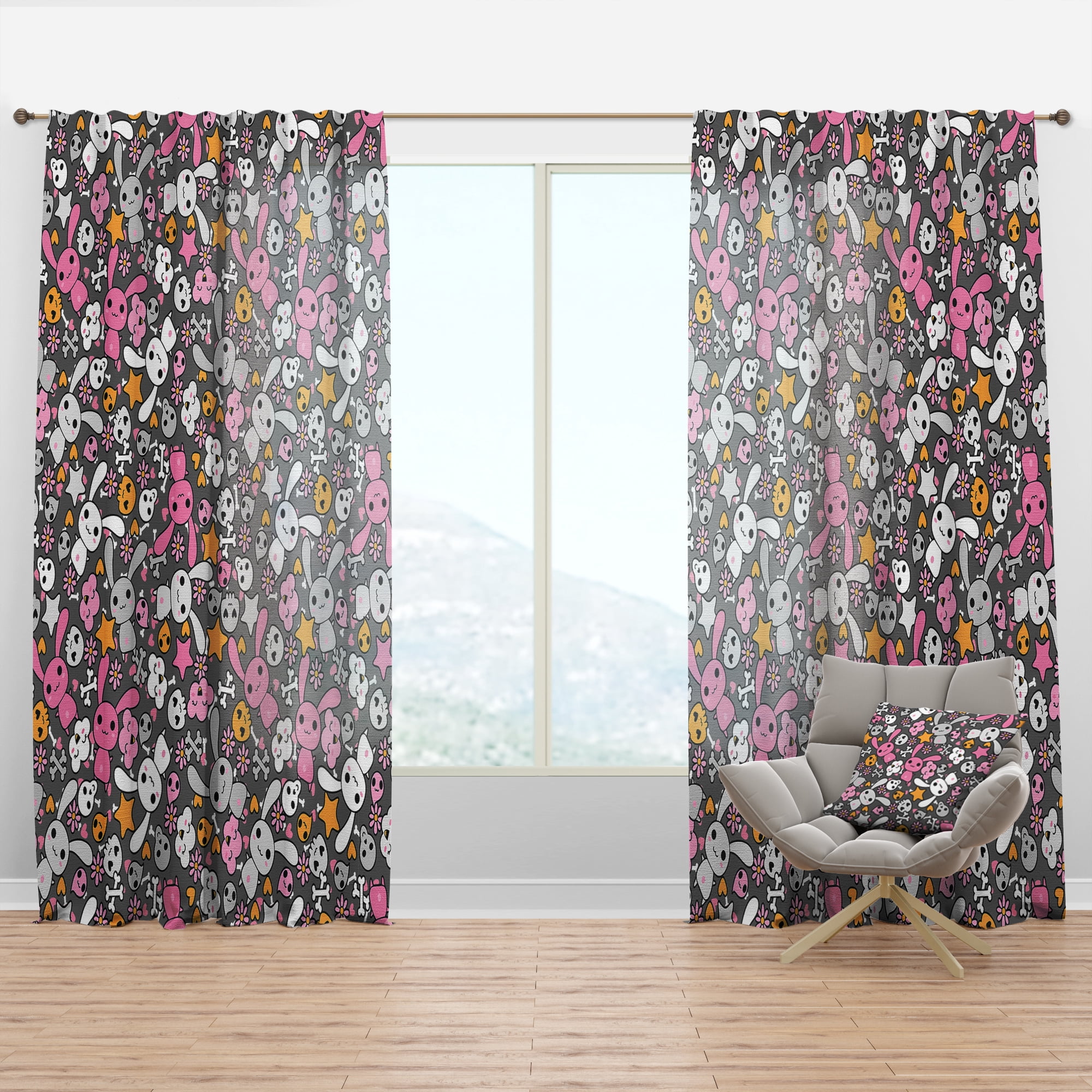 Designart 'Pink Flowers With Little Rabbit KawaII' Floral Curtain Panel