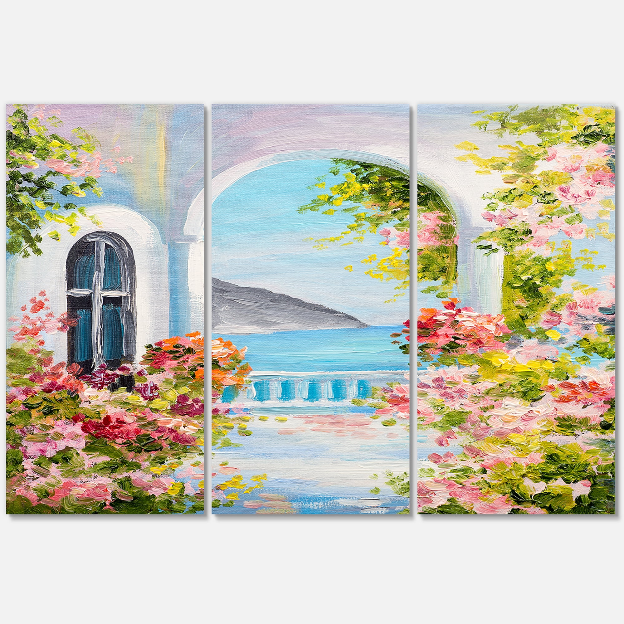 Designart ' Pink Flowers With Traditional Greek House ' Nautical & Coastal Canvas Wall Art Print