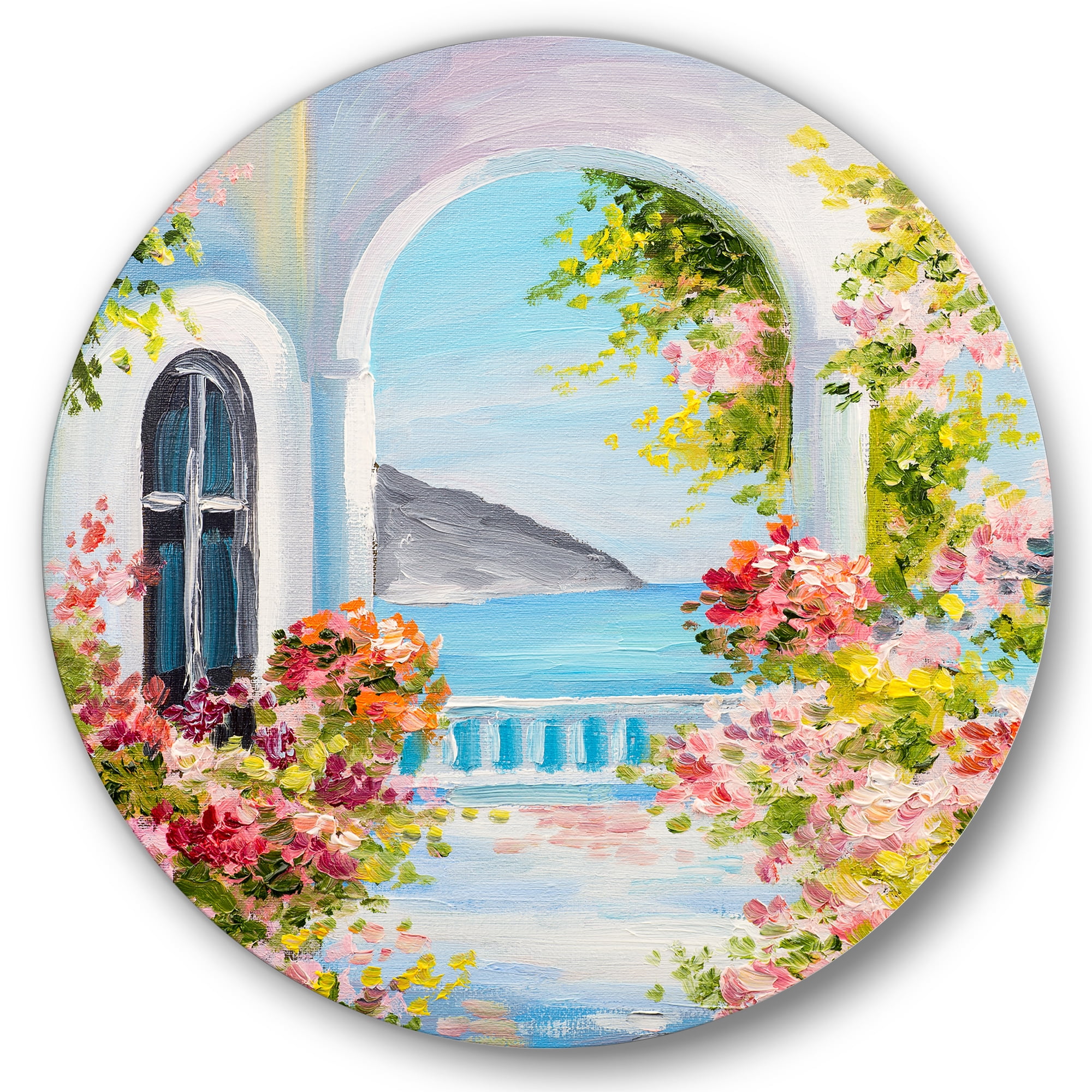 Designart 'Pink Flowers With Traditional Greek House' Nautical & Coastal Circle Metal Wall Art 23x23 - Disc of 23