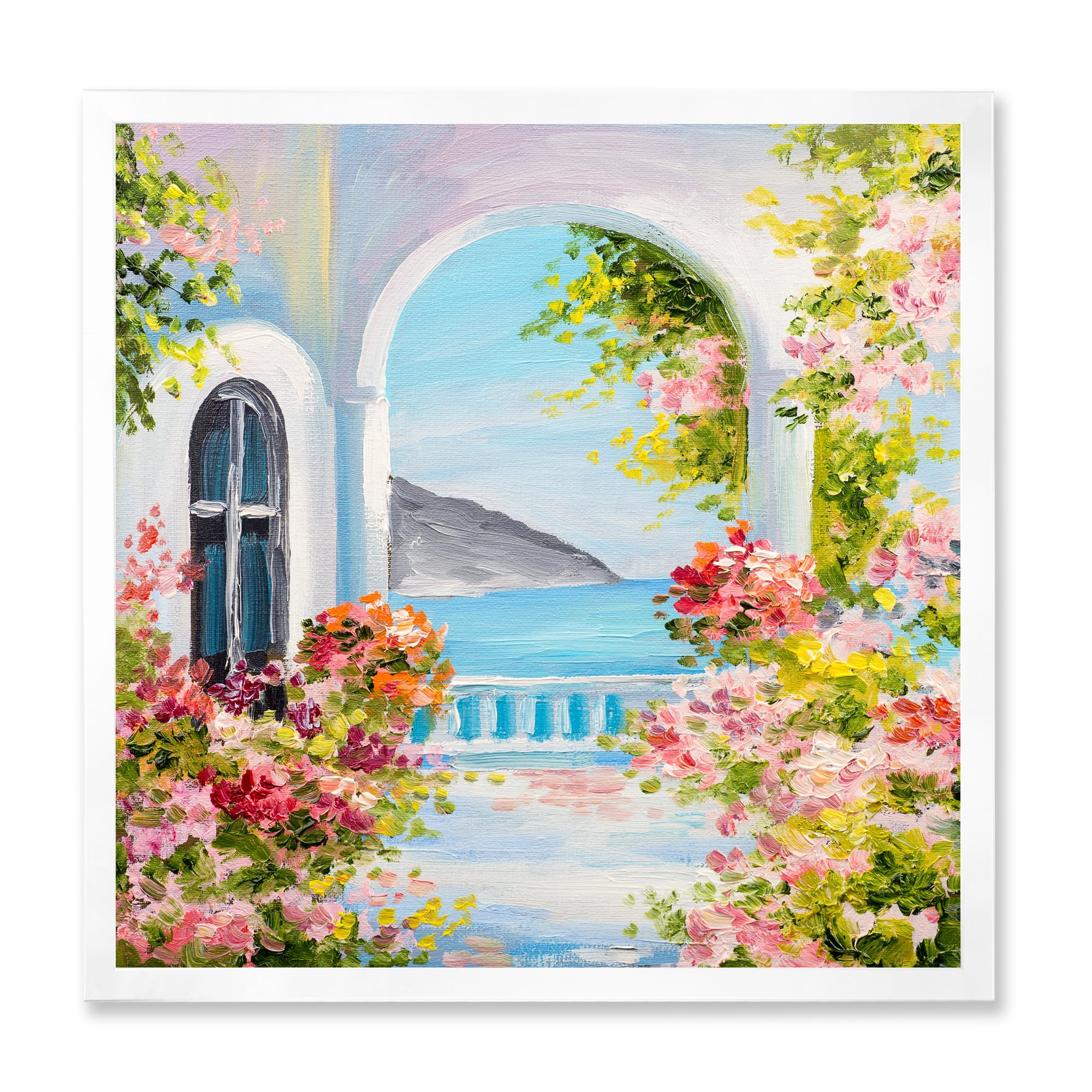 Designart 'Pink Flowers With Traditional Greek House' Nautical & Coastal Framed Art Print