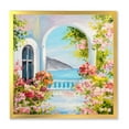 thumbnail image 1 of Designart 'Pink Flowers With Traditional Greek House' Nautical & Coastal Framed Art Print, 1 of 4