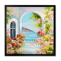 Designart 'Pink Flowers With Traditional Greek House' Nautical & Coastal Framed Art Print