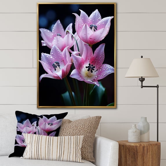Designart "Pink Flowers captivate Tulips On Black" Floral Floater Framed Canvas Art Print