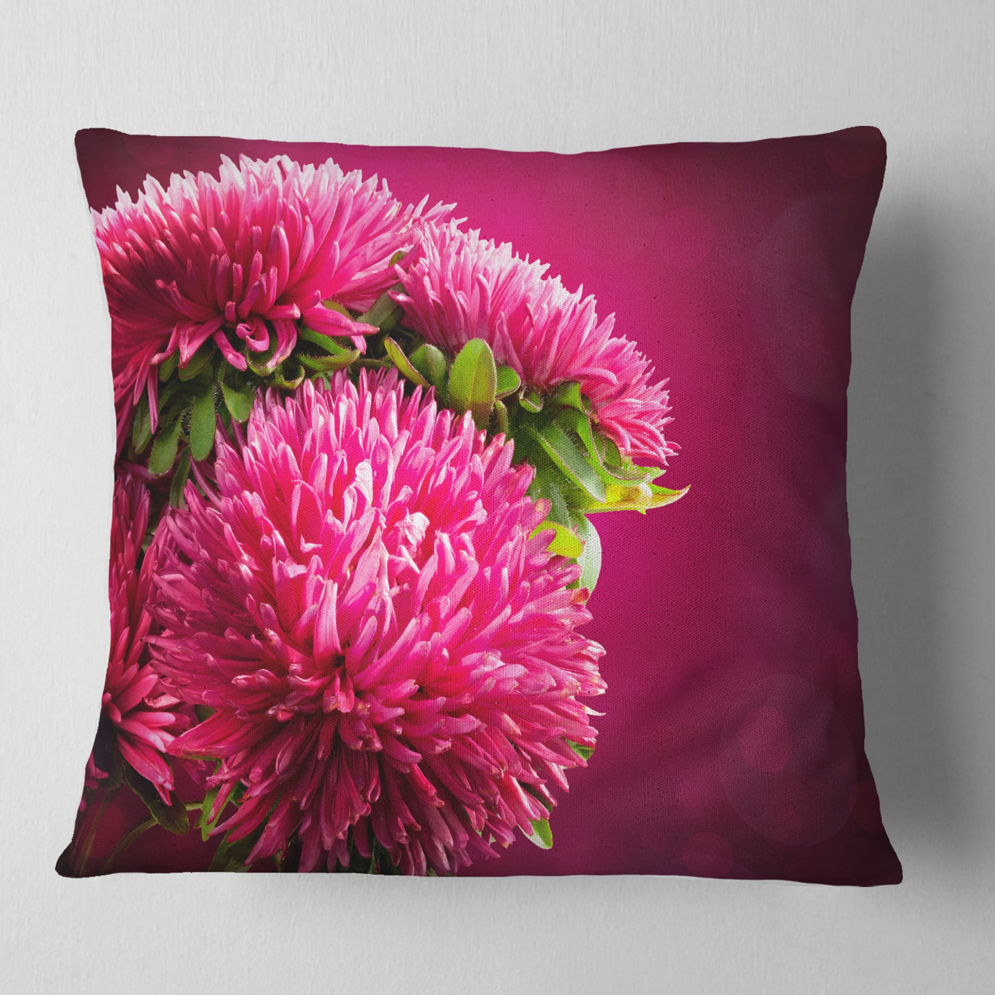 Designart Pink Flowers of Asters on Red - Flowers Throw Pillowwork - 18x18