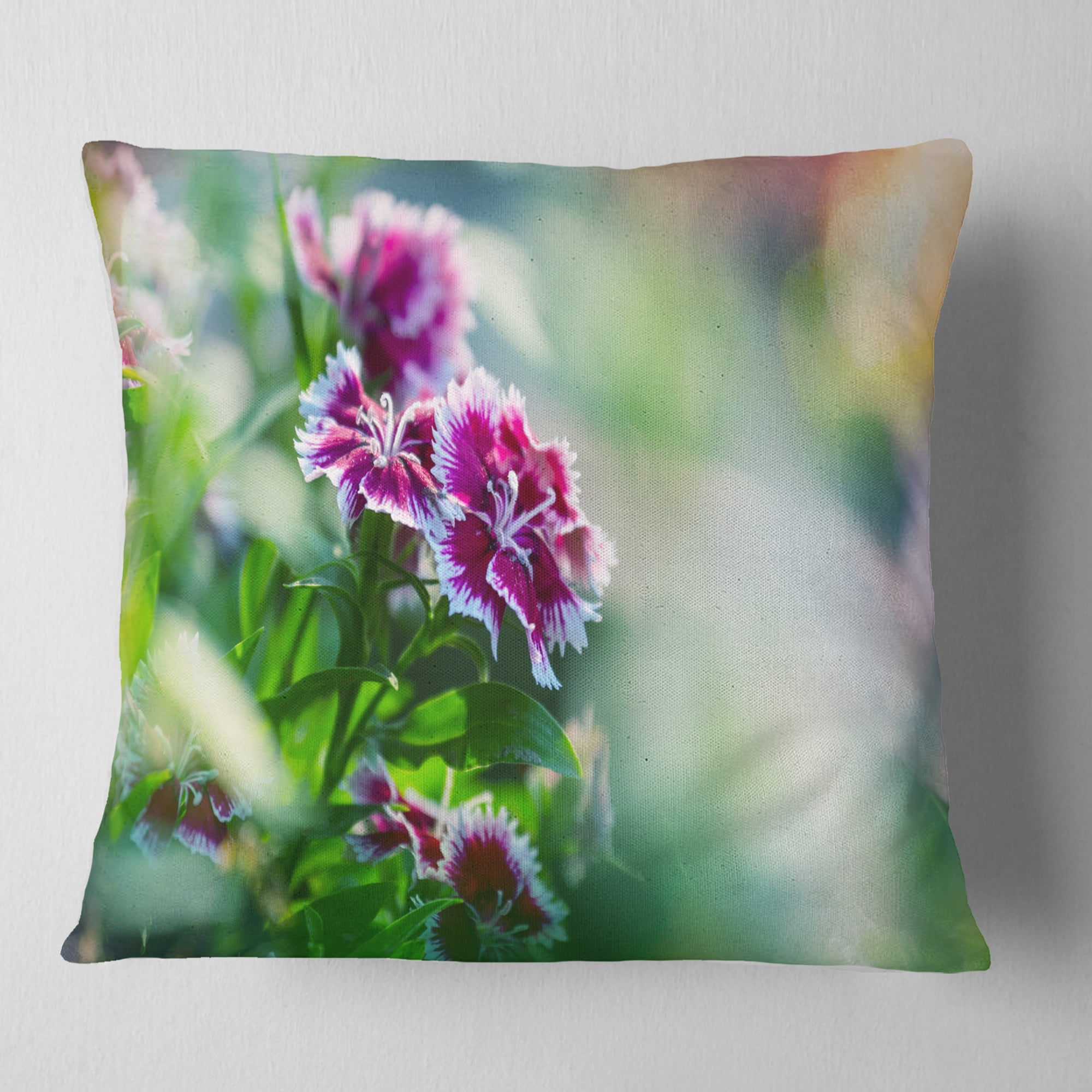 Designart Pink Flowers on Green Background - Floral Throw Pillow - 18x18