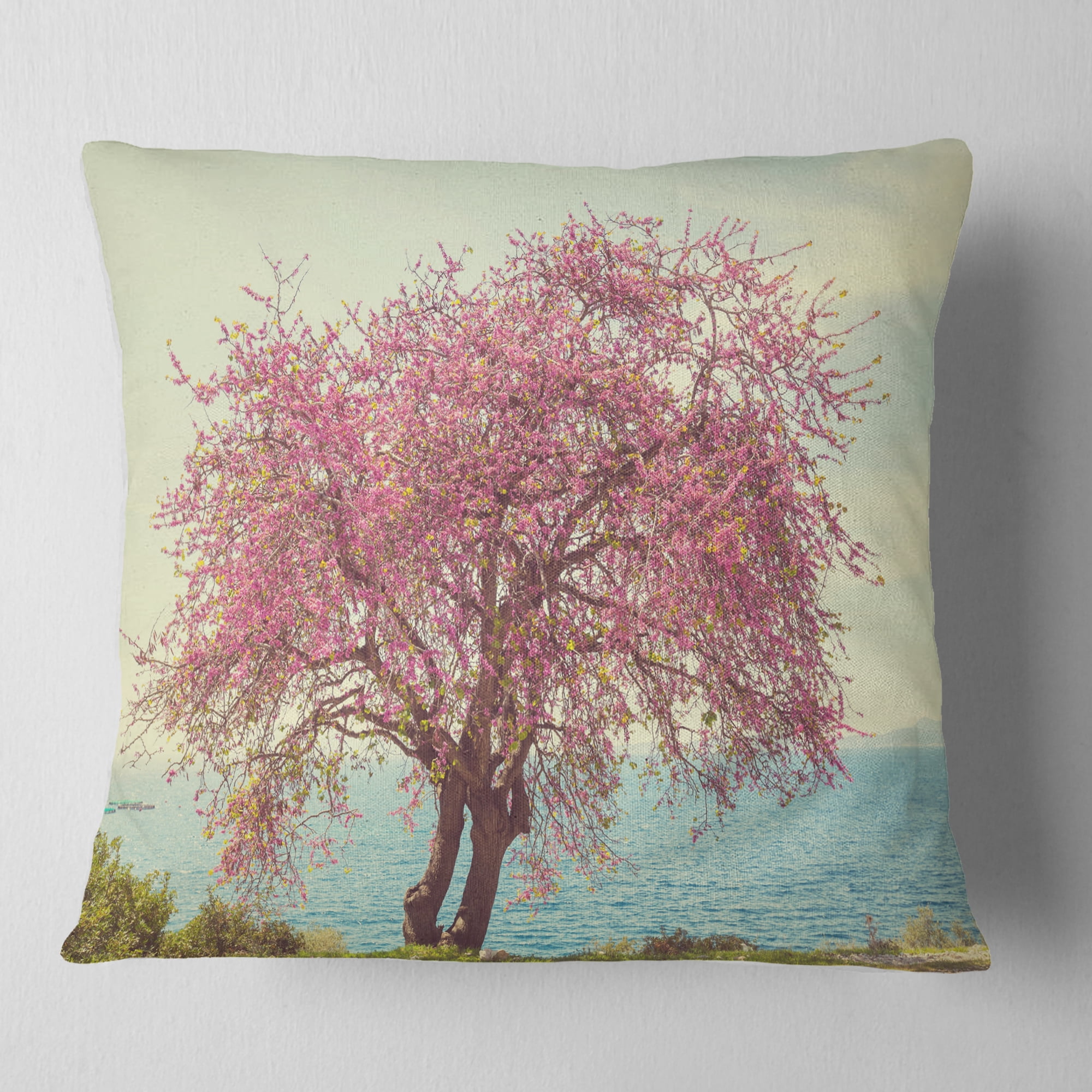 Designart Pink Flowers on Lonely Tree - Landscape Printed Throw Pillow - 18x18