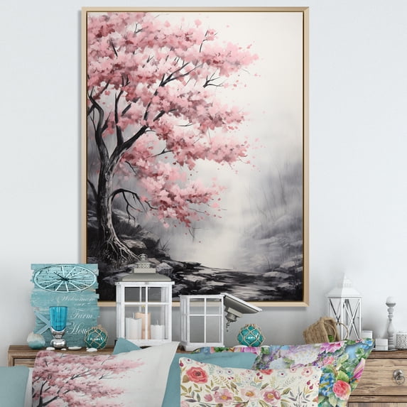 Designart "Pink Forest Breeze II" Floral Floater Framed Canvas Print