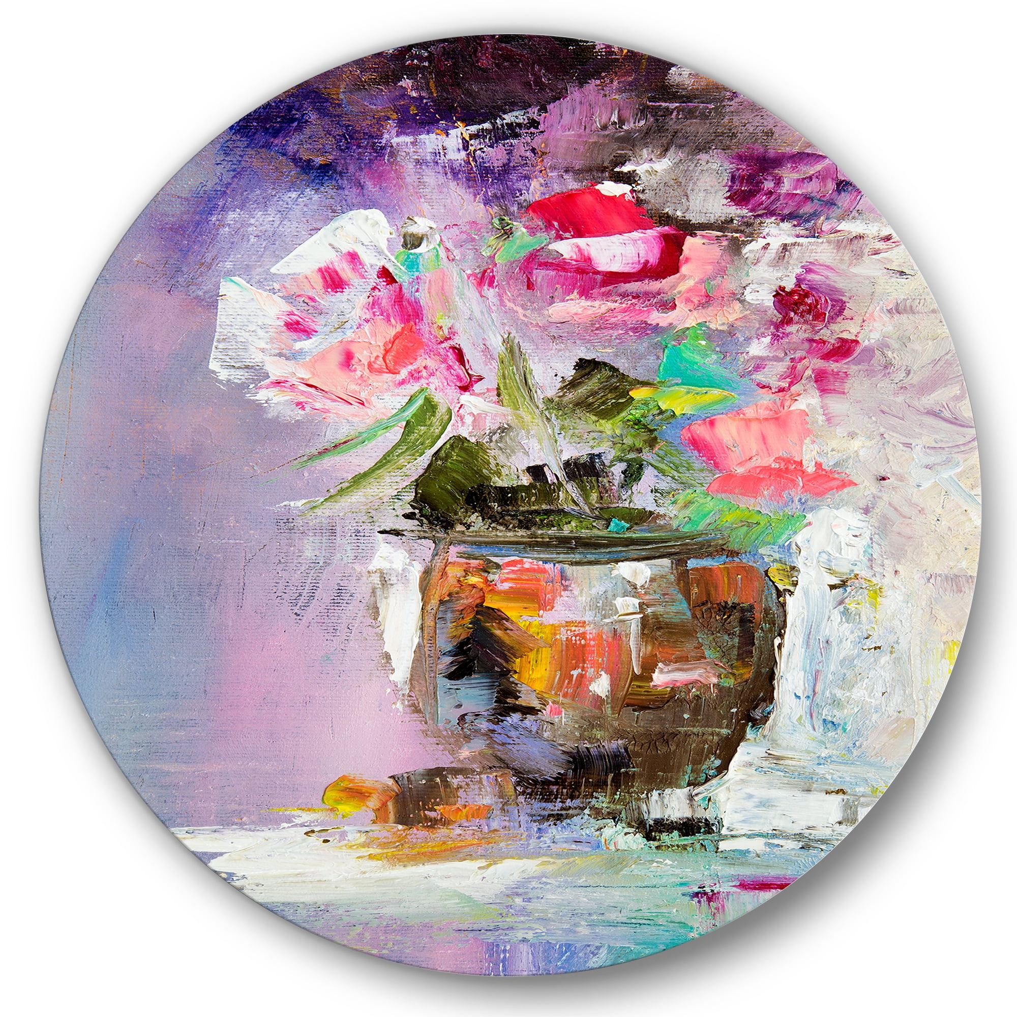 Designart 'Pink Fresh Abstract Flowers Bouquet in Vase' Modern Circle Metal Wall Art 29x29 - Disc of 29
