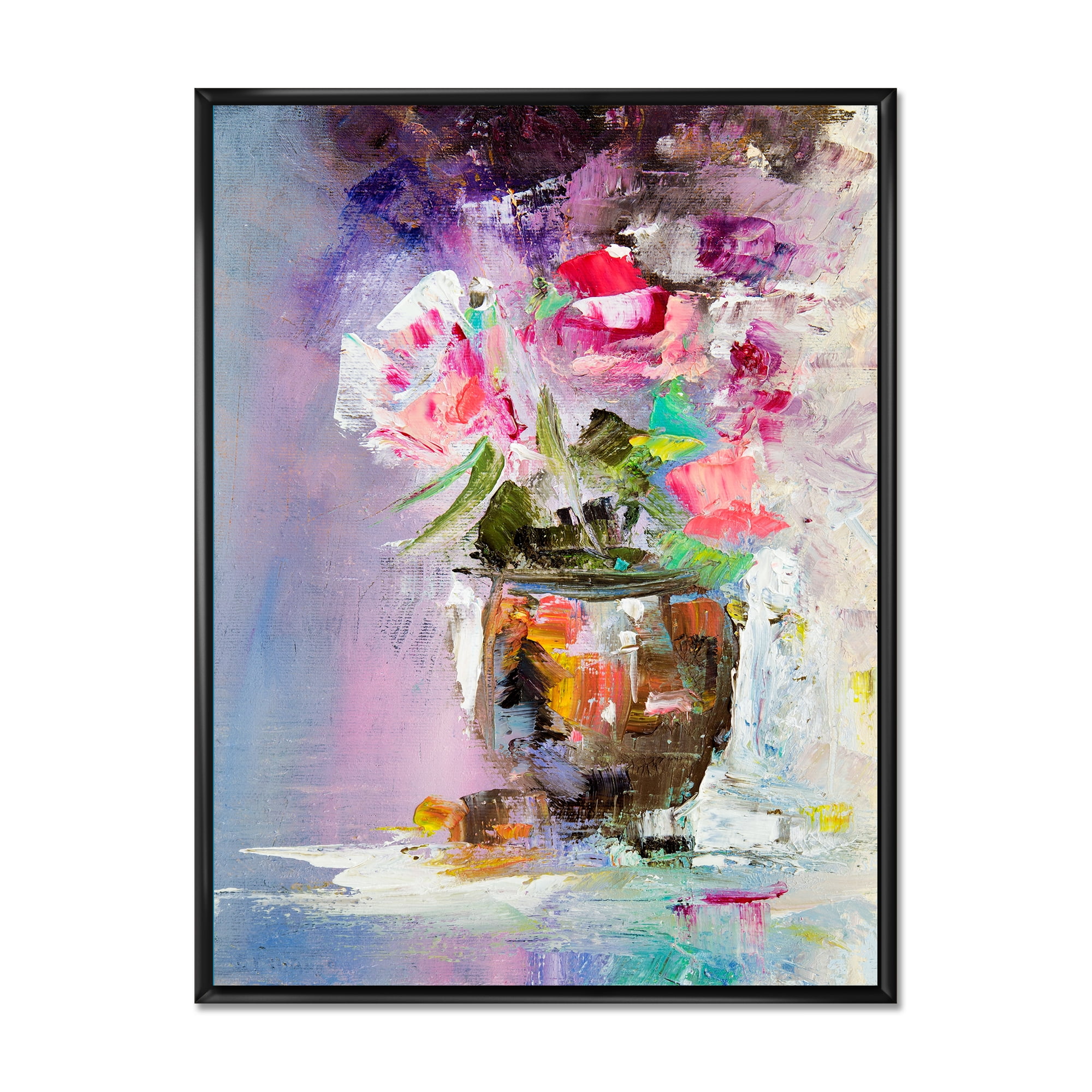 Designart 'Pink Fresh Abstract Flowers Bouquet in Vase' Modern Framed Canvas Wall Art Print