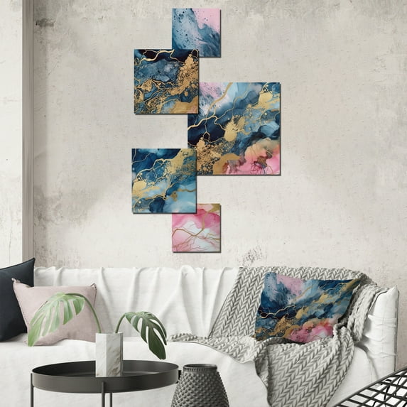 Designart "Pink Geode Exploration IV" Abstract Marble Metal Art Living Room Set