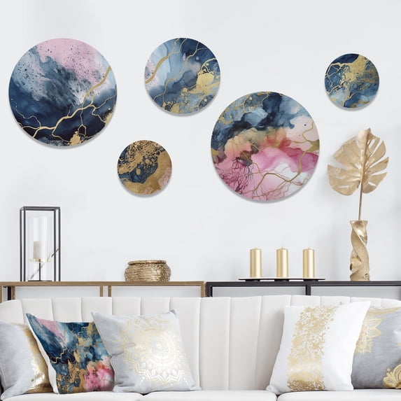 Designart "Pink Geode Exploration IV" Abstract Marble Metal Wall Art Set of 5 Piece