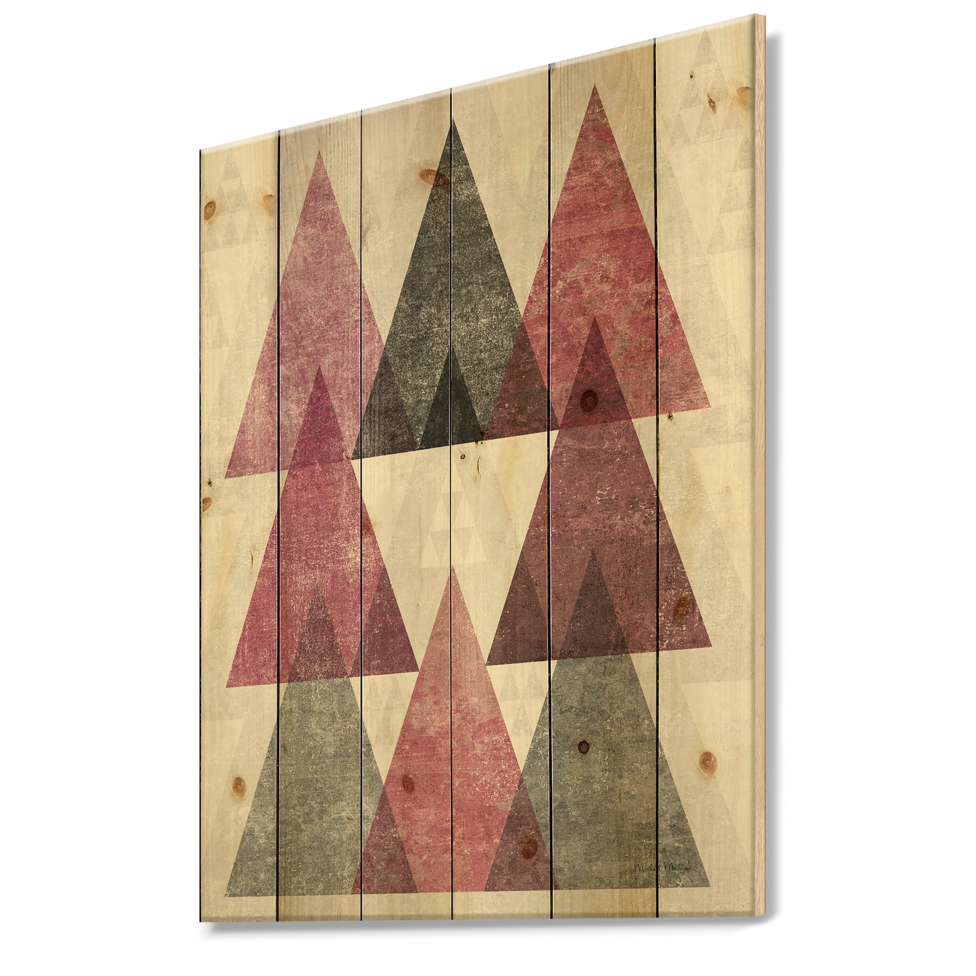 Designart 'Pink Geometric Mod Triangles I' Mid-Century Transitional Modern Print on Natural Pine Wood