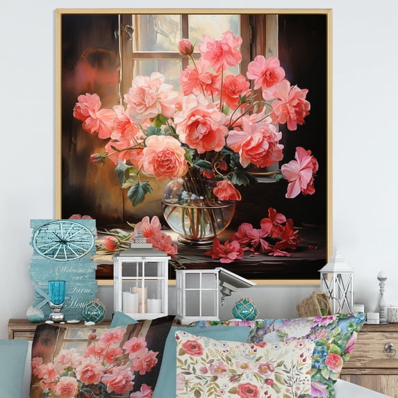 Designart "Pink Geraniums love expression" Floral Floater Framed Wall Art Print