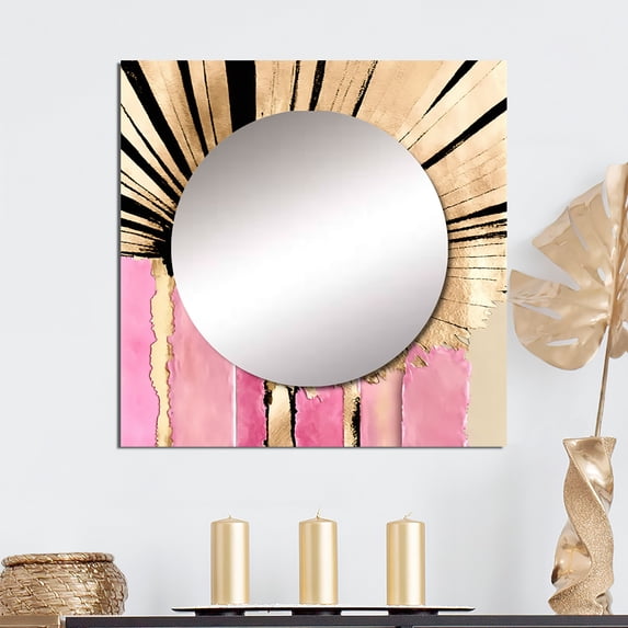 Designart "Pink Gerbera on Abstract Fusion I" Floral & Botanical Square Mirror Wall Decor Traditional - Large Pink Square Bathroom Mirror - Square Printed Wall Mirror Art