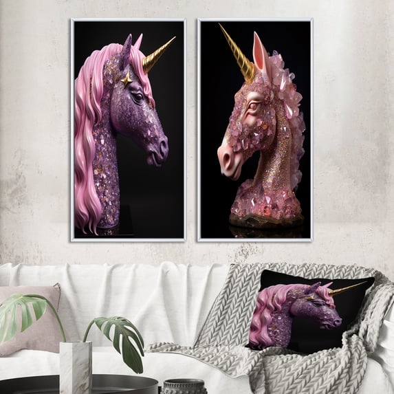 Designart "Pink Glam Unicorn with Gold Horn I" Fantasy Unicorn Framed Wall Art Set Of 2 - Children's Art Pink Frame Gallery Set For Office Decor
