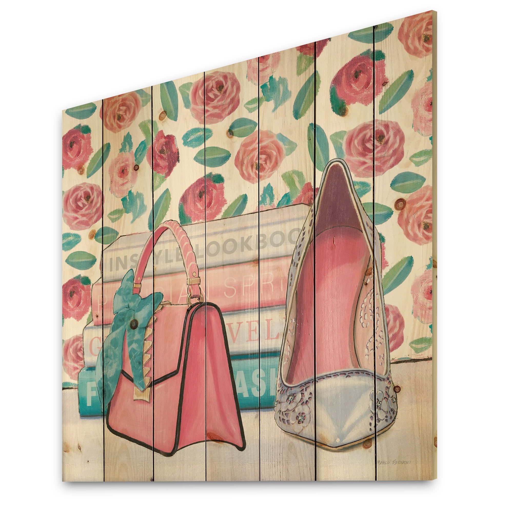Designart 'Pink Glam and Fashion High Heels I' Posh & Luxe Print on Natural Pine Wood